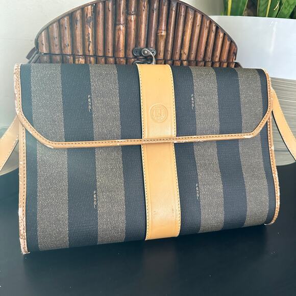 FENDI VTG 80s Pequin Stripe Cognac Saddle Flap Shoulder Bag Convertible Clutch - Picture 2 of 16